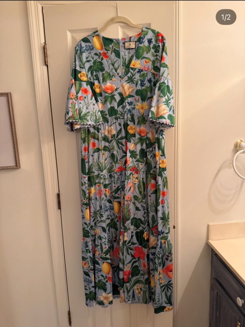Tuckernuck Blue Floral Tiered Midi Dress with Yellow & Green Accents
